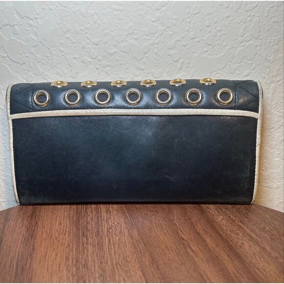 Miu Miu Leather Long Wallet Deep Navy Gold Grommet Studded Edgy Biker Alt Grunge - Picture 3 of 8